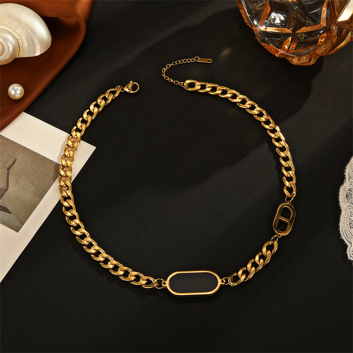 Black Acrylic and 18K Gold-Plated Curb Chain Necklace, gold pendant necklace for women, lifestyle look