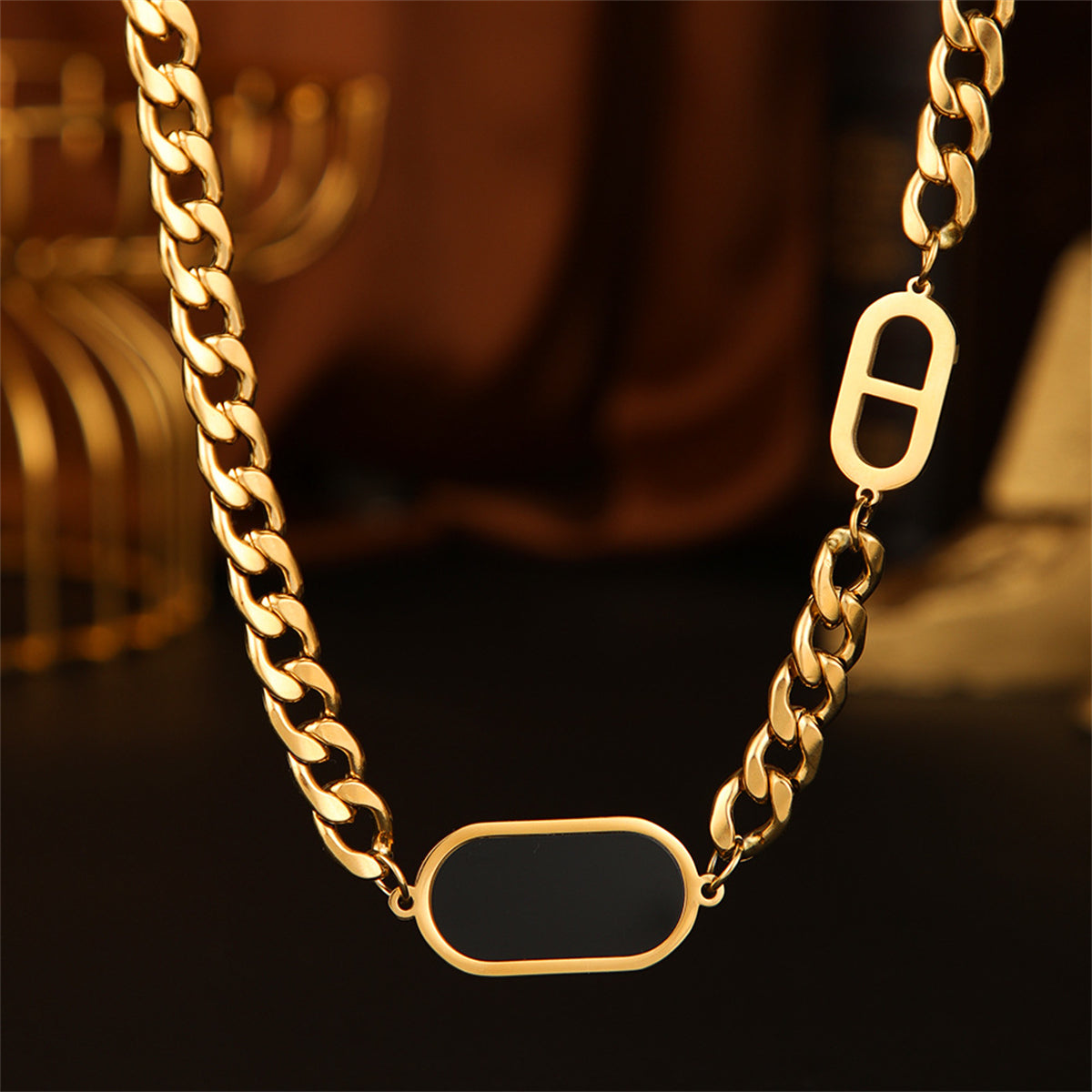 Black Acrylic and 18K Gold-Plated Curb Chain Necklace, gold pendant necklace for women, vintage-inspired design, side view