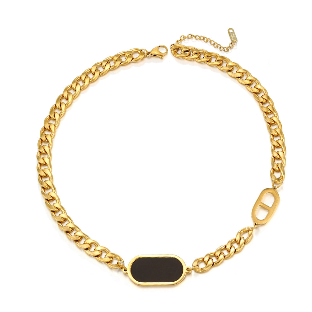 Black Acrylic and 18K Gold-Plated Curb Chain Necklace, gold pendant necklace for women, vintage-inspired design, front view
