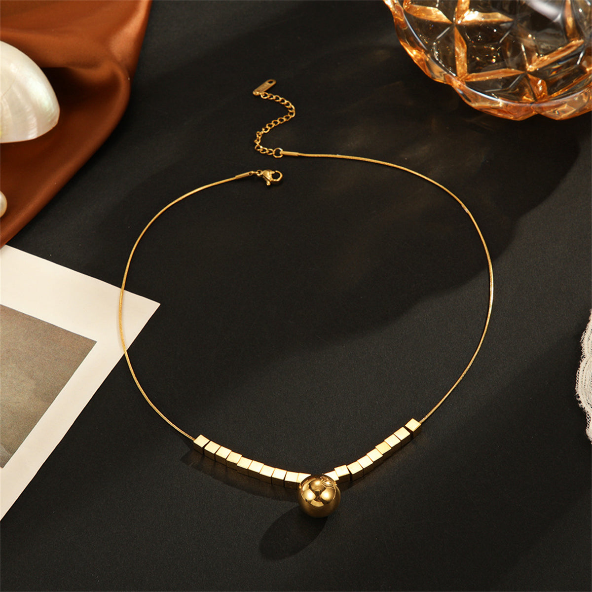 18K Gold-Plated Cube-Bead Ball Pendant Necklace, gold pendant necklace for women, elegant gift for her, lifestyle look