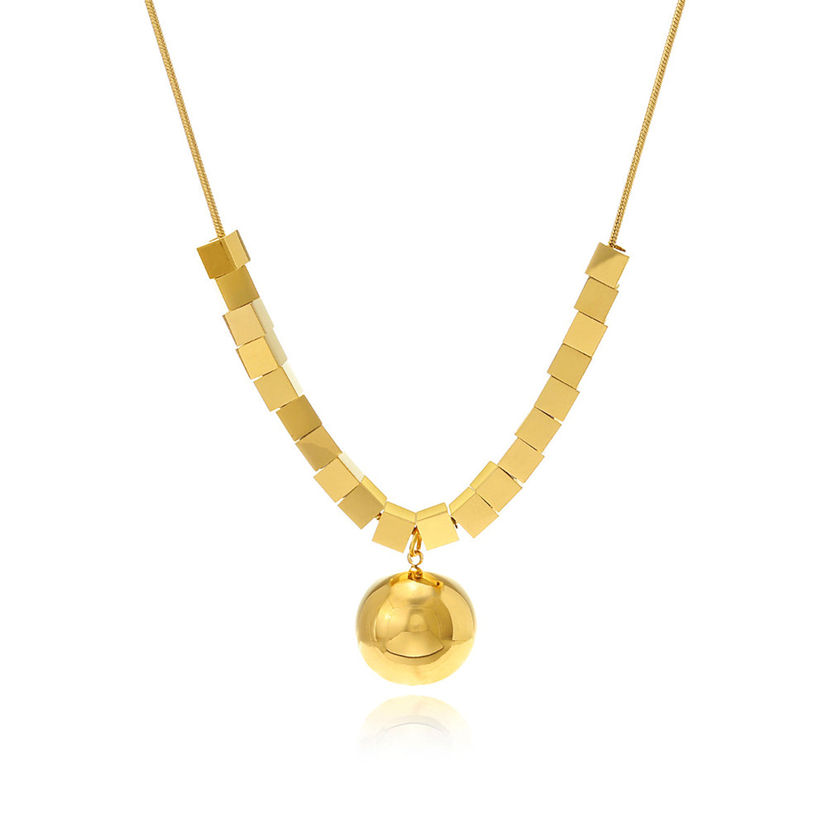 18K Gold-Plated Cube-Bead Ball Pendant Necklace, gold pendant necklace for women, elegant gift for her, front view