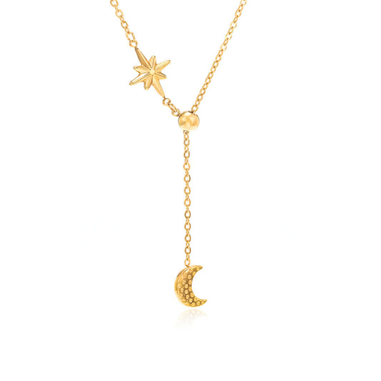 Cubic Zirconia and 18K Gold-Plated Celestial Lariat Necklace, gold pendant necklace for women, botanical inspired, front view