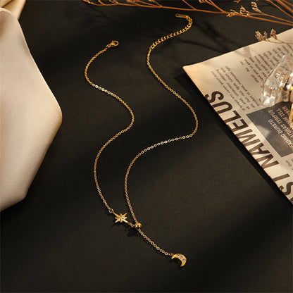 Cubic Zirconia and 18K Gold-Plated Celestial Lariat Necklace, gold pendant necklace for women, side view