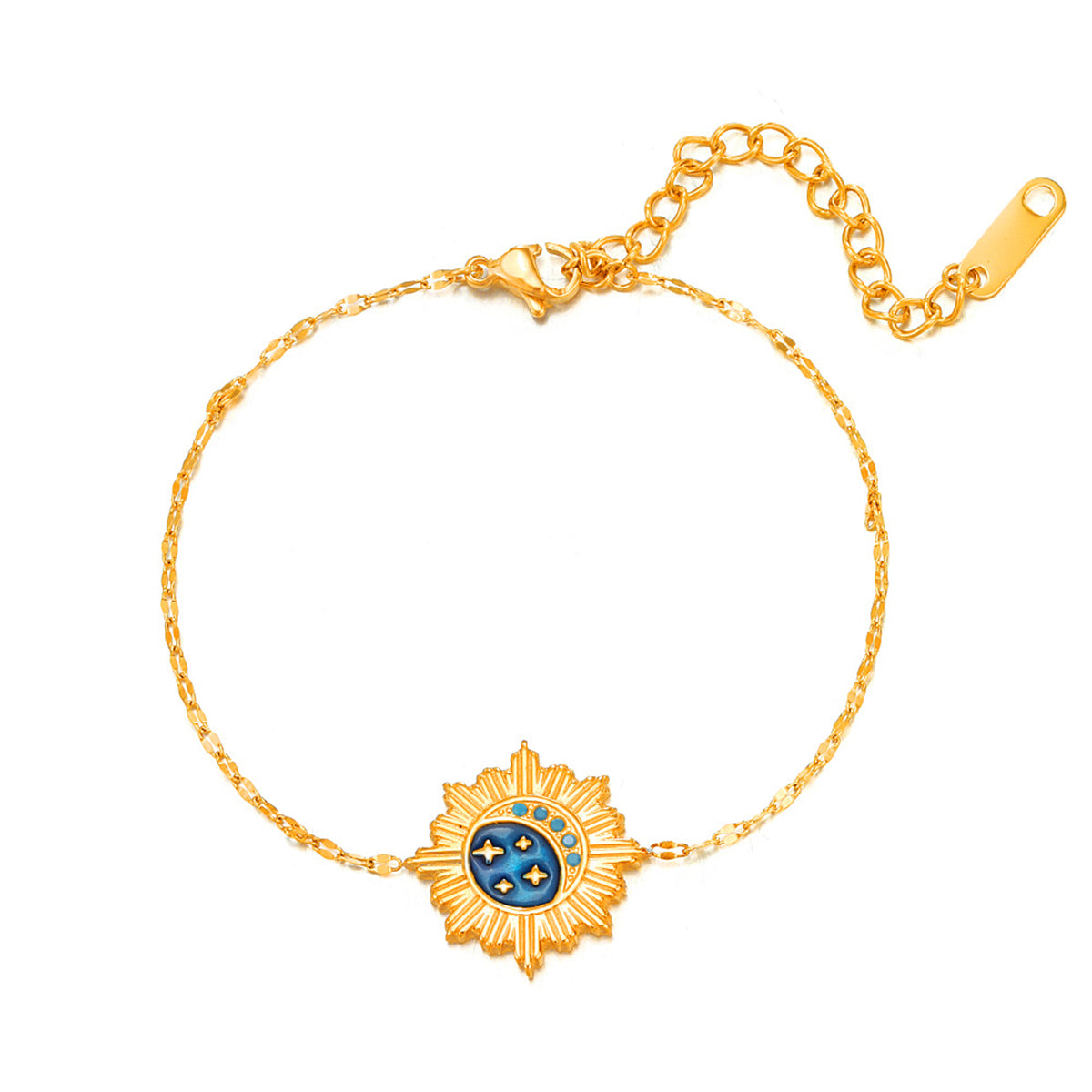 Blue Enamel and Rsein 18K Gold-Plated Celestial Charm Bracelet, gold bracelet for women, elegant gift for her, front view