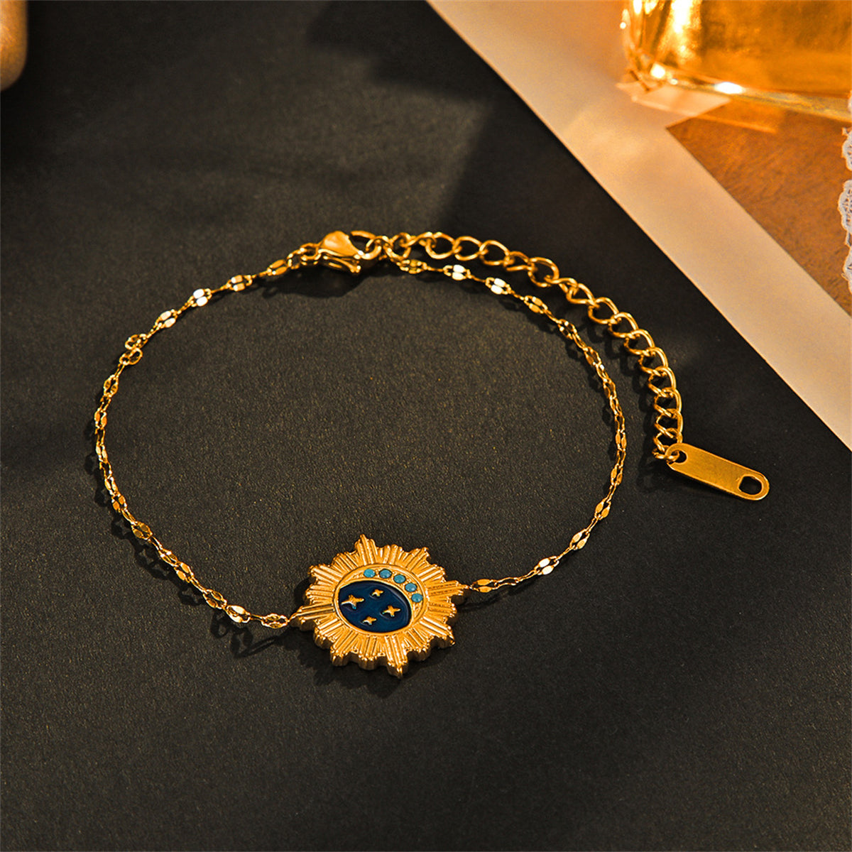 Blue Enamel and Rsein 18K Gold-Plated Celestial Charm Bracelet, gold bracelet for women, elegant gift for her, side view