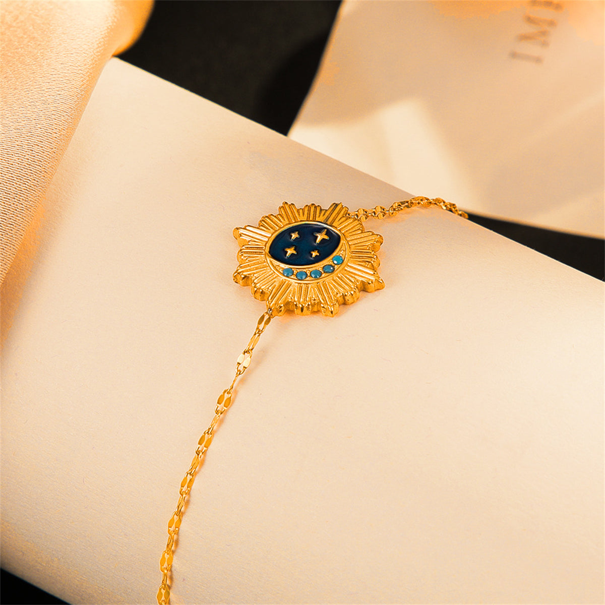 Blue Enamel and Rsein 18K Gold-Plated Celestial Charm Bracelet, gold bracelet for women, detail close-up
