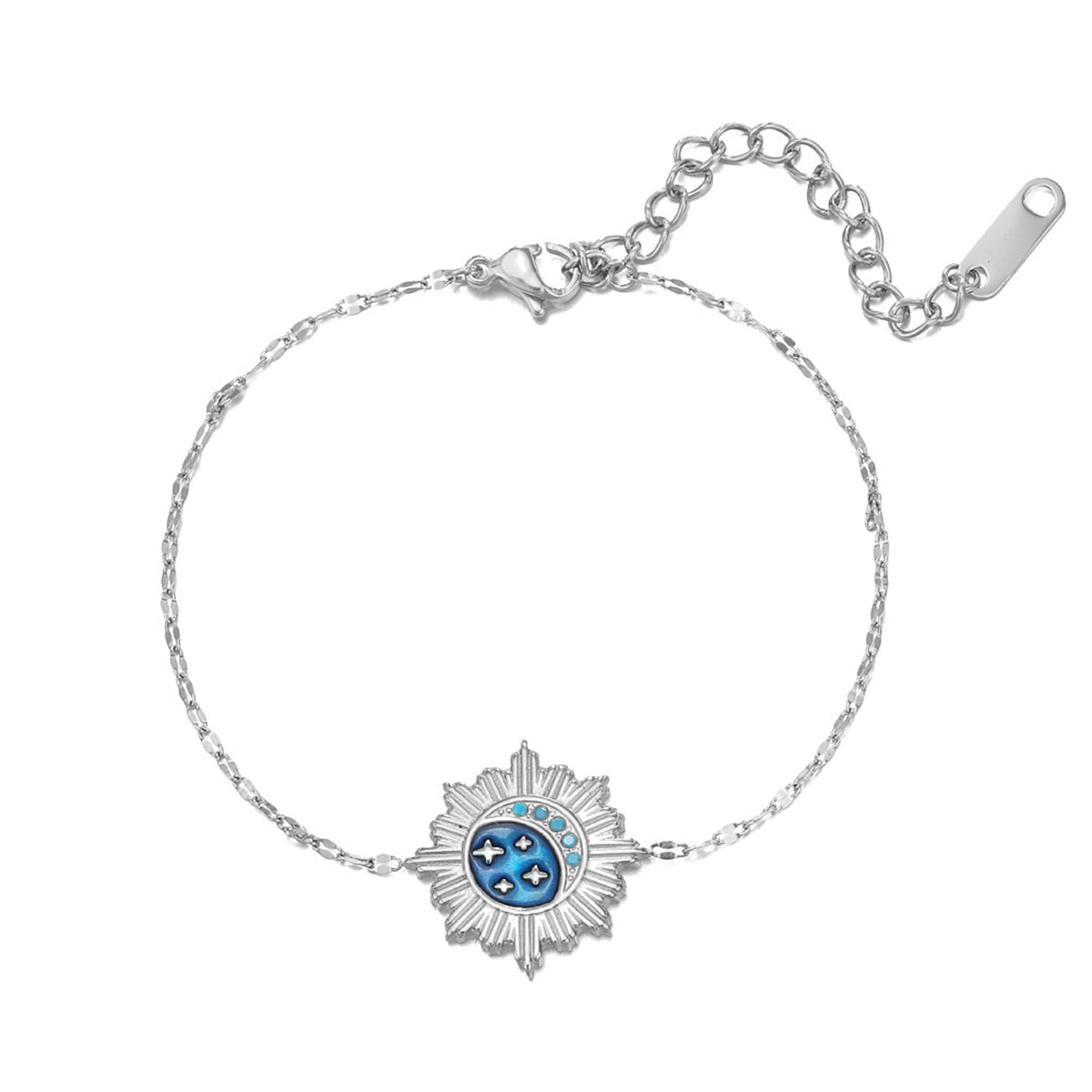 Blue Enamel and Silver-Plated Celestial Charm Bracelet, silver bracelet for women, elegant gift for her, front view