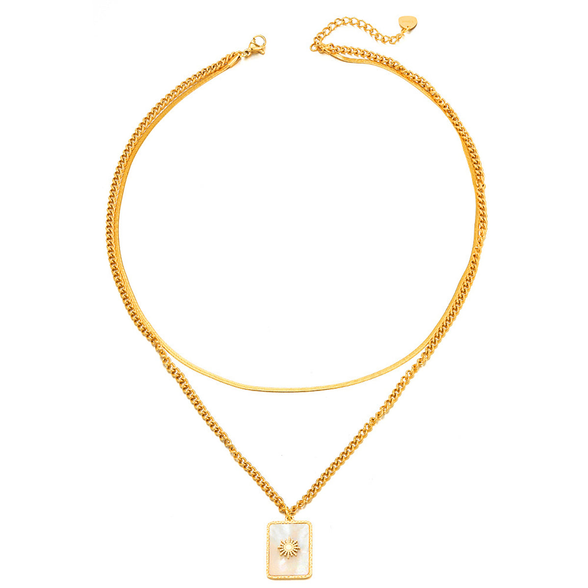 Shell and 18K Gold-Plated Mum Floral Rectangle Layered Pendant Necklace, gold pendant necklace for women, front view