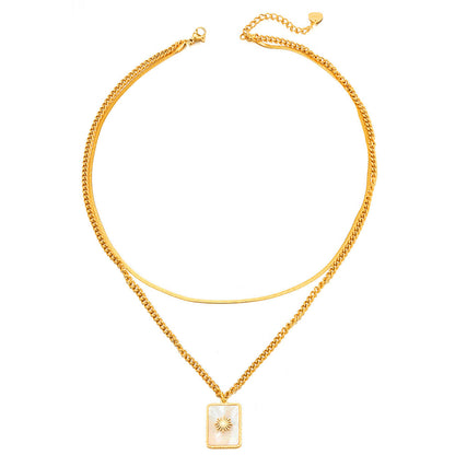 Shell and 18K Gold-Plated Mum Floral Rectangle Layered Pendant Necklace, gold pendant necklace for women, front view