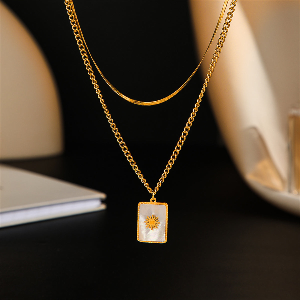 Shell and 18K Gold-Plated Mum Floral Rectangle Layered Pendant Necklace, gold pendant necklace for women, side view