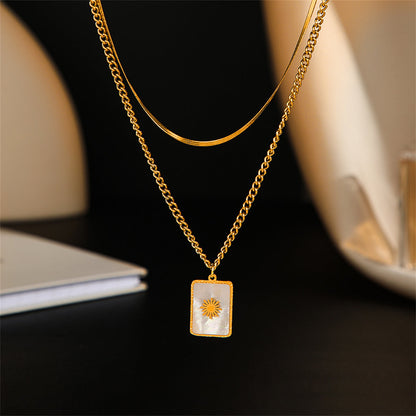 Shell and 18K Gold-Plated Mum Floral Rectangle Layered Pendant Necklace, gold pendant necklace for women, side view
