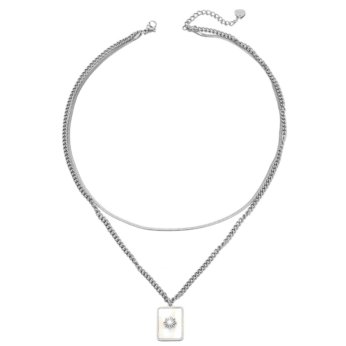 Shell and Silver-Plated Mum Floral Rectangle Layered Pendant Necklace, silver pendant necklace for women, front view