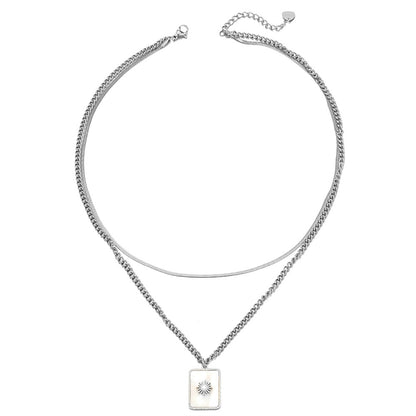 Shell and Silver-Plated Mum Floral Rectangle Layered Pendant Necklace, silver pendant necklace for women, front view