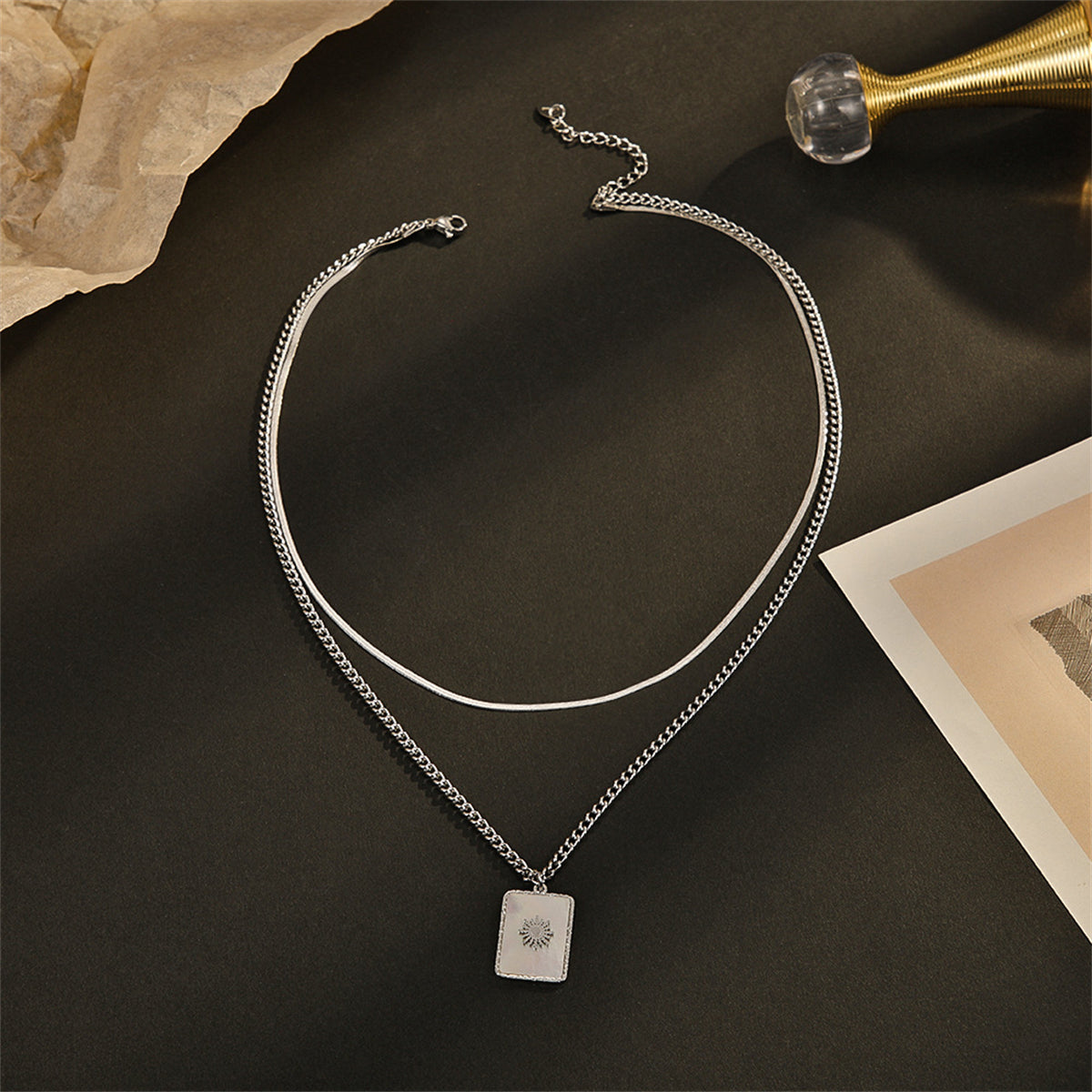 Shell and Silver-Plated Mum Floral Rectangle Layered Pendant Necklace, silver pendant necklace for women, side view