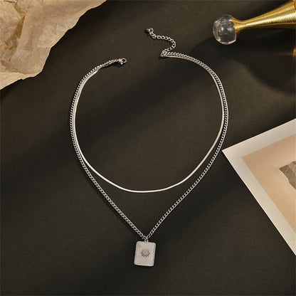Shell and Silver-Plated Mum Floral Rectangle Layered Pendant Necklace, silver pendant necklace for women, side view
