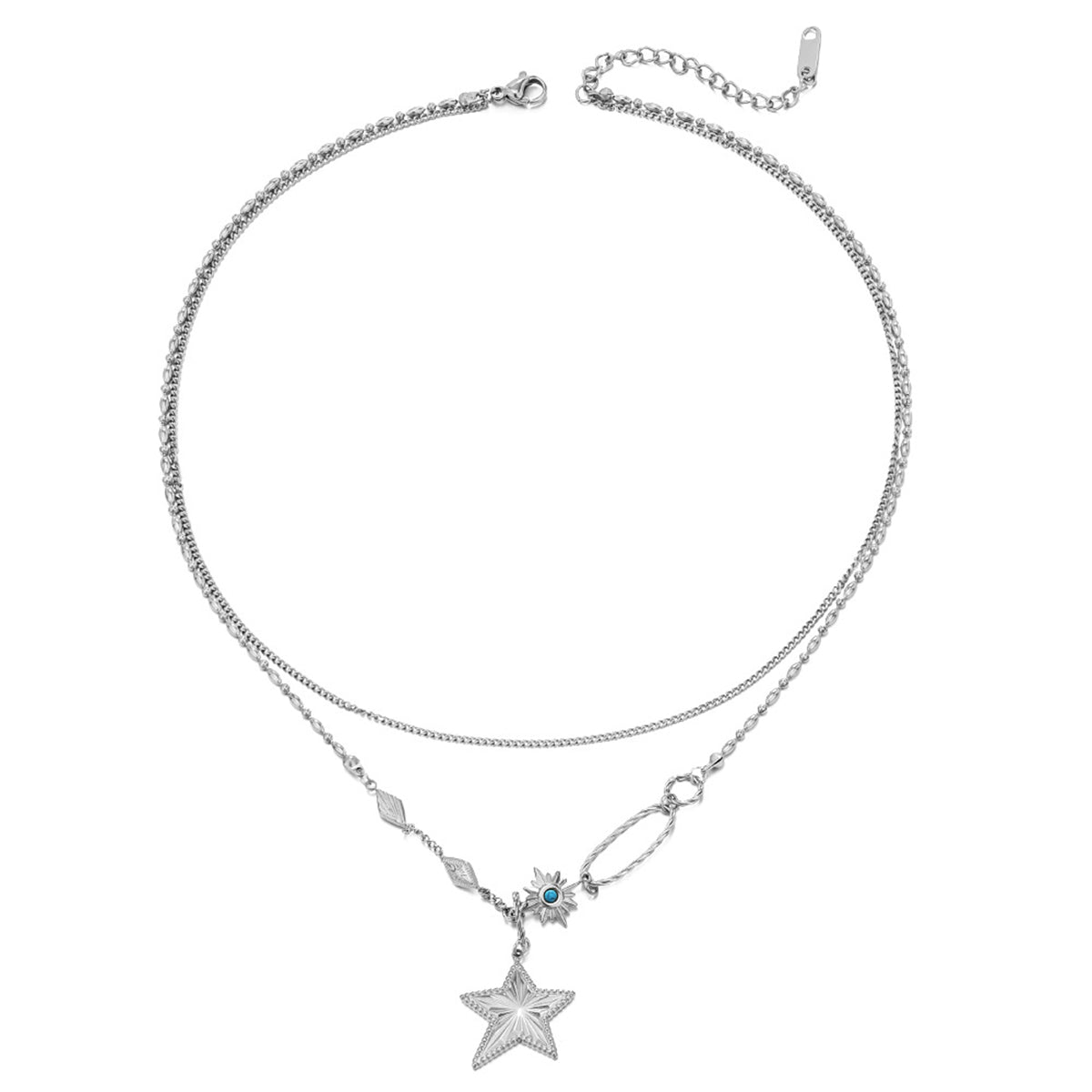 Turquoise and Silver-Plated Star Pendant Layered Necklace, silver pendant necklace for women, everyday style, front view