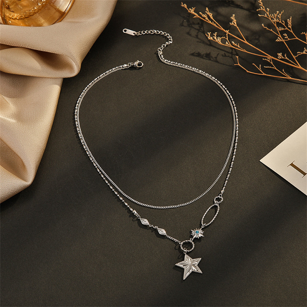 Turquoise and Silver-Plated Star Pendant Layered Necklace, silver pendant necklace for women, everyday style, side view