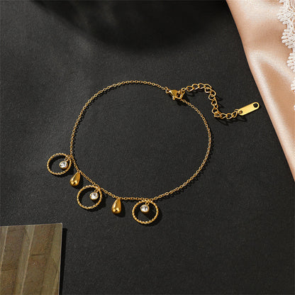 Cubic Zirconia and 18K Gold-Plated Circle Charm Anklet, gold anklet bracelet, botanical inspired, side view