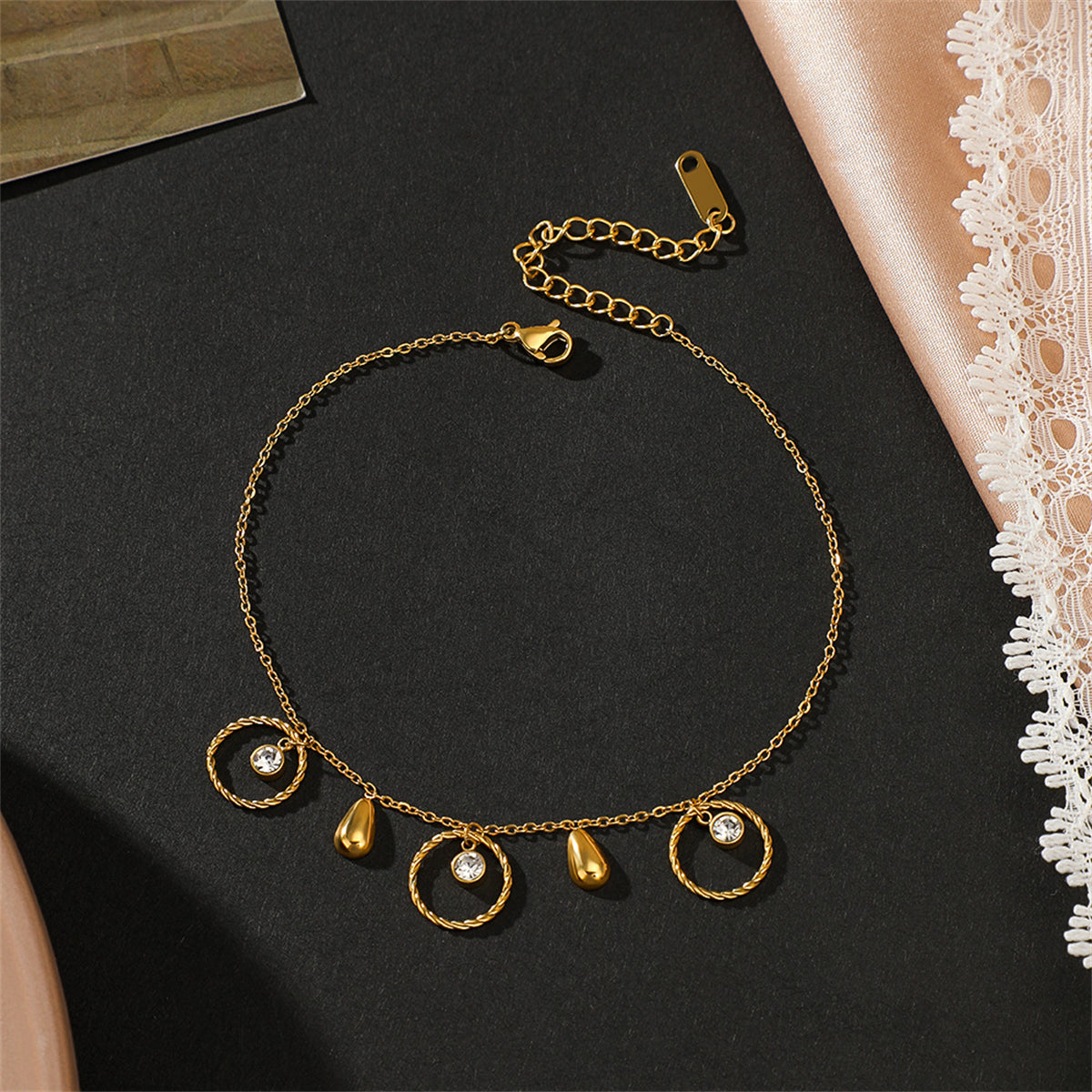 Cubic Zirconia and 18K Gold-Plated Circle Charm Anklet, gold anklet bracelet, botanical inspired, lifestyle look