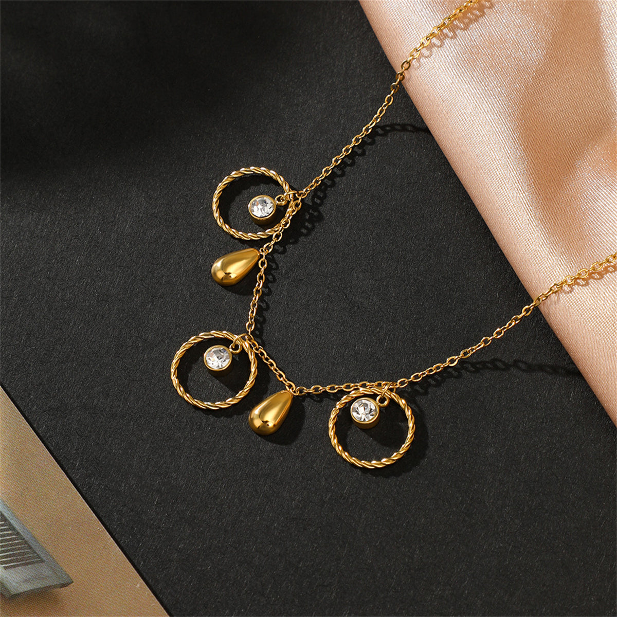 Cubic Zirconia and 18K Gold-Plated Circle Charm Anklet, gold anklet bracelet, botanical inspired, detail close-up