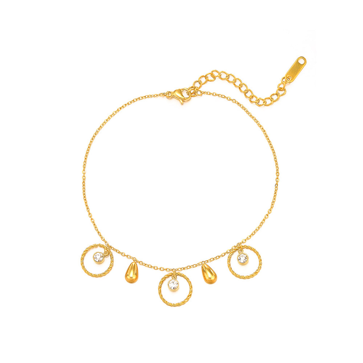 Cubic Zirconia and 18K Gold-Plated Circle Charm Anklet, gold anklet bracelet, botanical inspired, front view