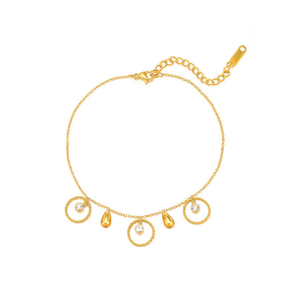 Cubic Zirconia and 18K Gold-Plated Circle Charm Anklet, gold anklet bracelet, botanical inspired, front view