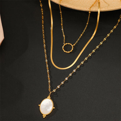 Shell and 18K Gold-Plated Snake Chain Layered Pendant Necklace, gold pendant necklace for women, detail close-up
