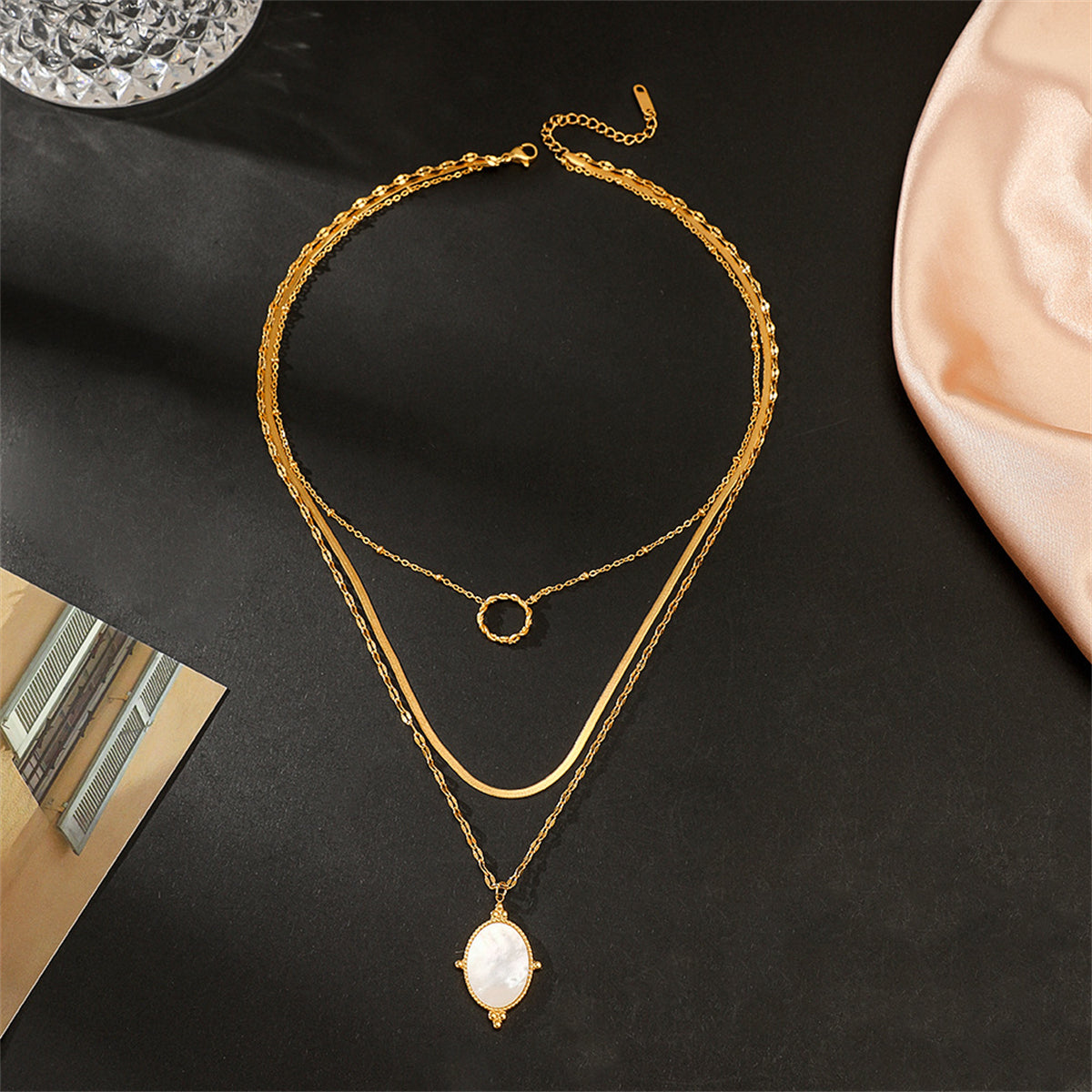 Shell and 18K Gold-Plated Snake Chain Layered Pendant Necklace, gold pendant necklace for women, lifestyle look