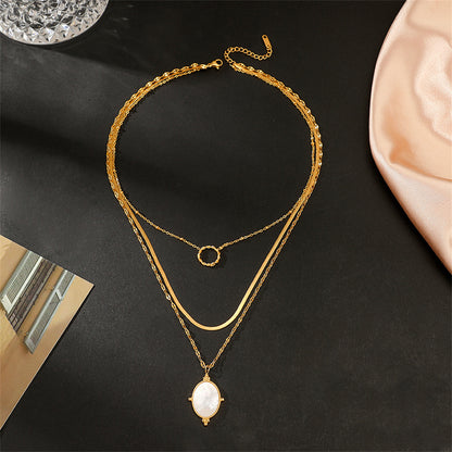 Shell and 18K Gold-Plated Snake Chain Layered Pendant Necklace, gold pendant necklace for women, lifestyle look