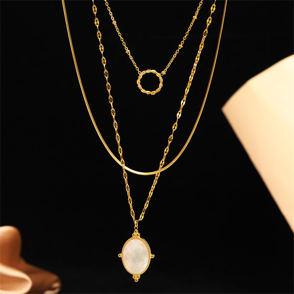 Shell and 18K Gold-Plated Snake Chain Layered Pendant Necklace, gold pendant necklace for women, styled look