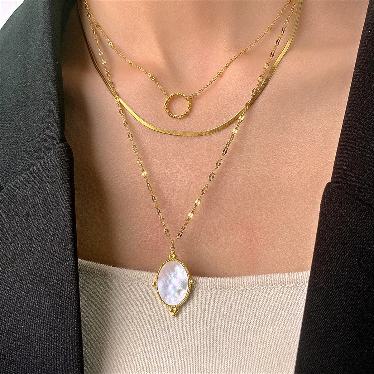 Shell and 18K Gold-Plated Snake Chain Layered Pendant Necklace, gold pendant necklace for women, front view