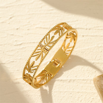 18K Gold-Plated Maple Leaf Openwork Hinge Bangle, gold bangle bracelet, dainty minimalist design, detail close-up