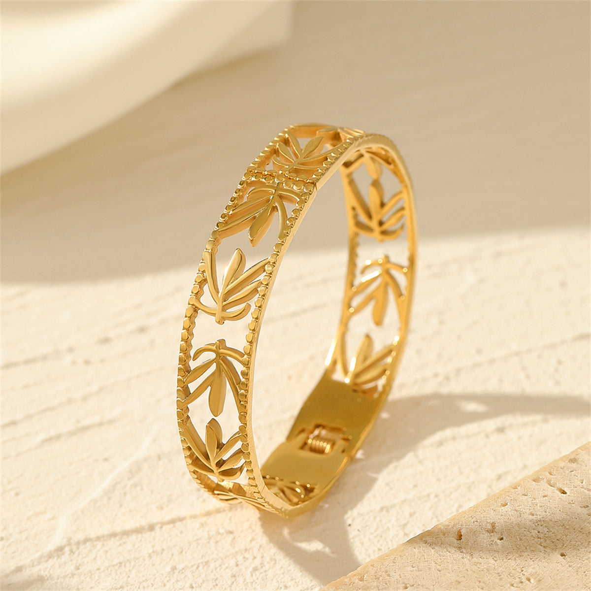 18K Gold-Plated Maple Leaf Openwork Hinge Bangle, gold bangle bracelet, dainty minimalist design, lifestyle look