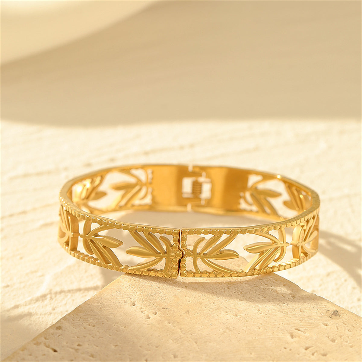 18K Gold-Plated Maple Leaf Openwork Hinge Bangle, gold bangle bracelet, dainty minimalist design, styled look