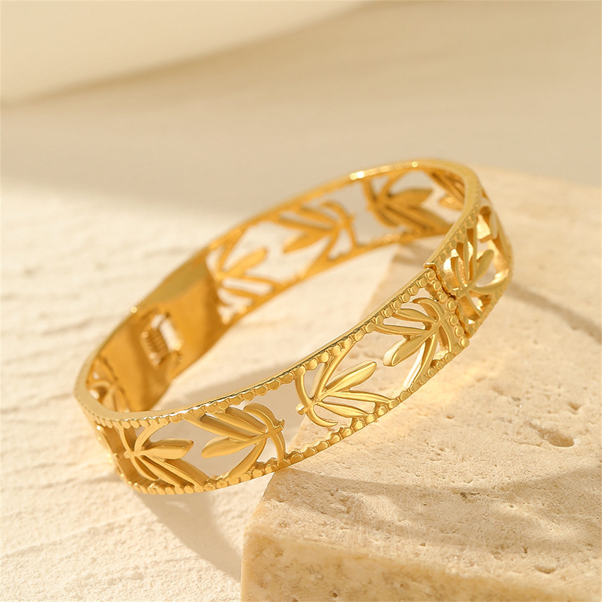 18K Gold-Plated Maple Leaf Openwork Hinge Bangle, gold bangle bracelet, dainty minimalist design, side view