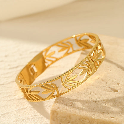 18K Gold-Plated Maple Leaf Openwork Hinge Bangle, gold bangle bracelet, dainty minimalist design, side view