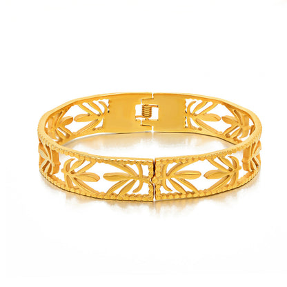 18K Gold-Plated Maple Leaf Openwork Hinge Bangle, gold bangle bracelet, dainty minimalist design, front view