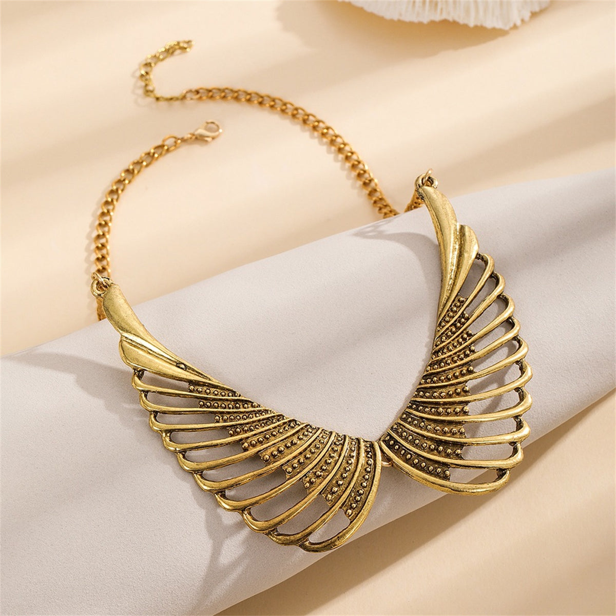 18K Gold-Plated Wing Bib Necklace, gold pendant necklace for women, botanical inspired, side view