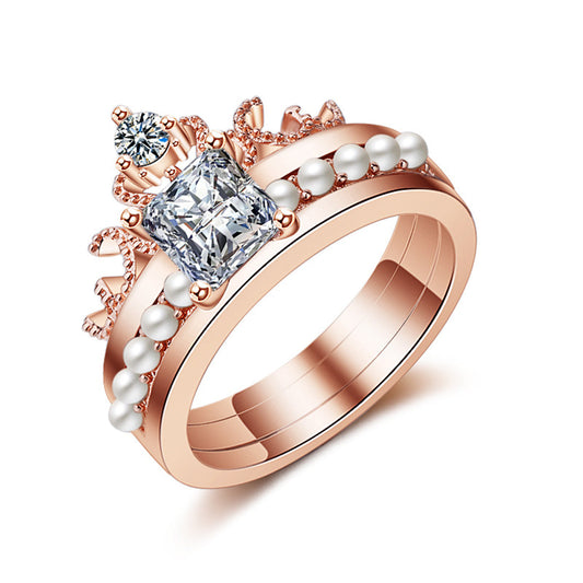 Crystal and Pearl 18K Rose Gold-Plated Princess-Cut Ring and Band, jewelry gift sets for women, front view