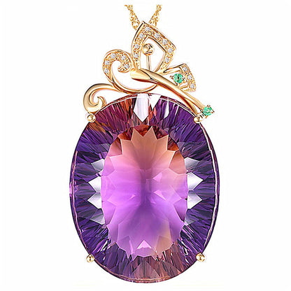 Purple Crystal and Cubic Zirconia Oval Pendant Necklace, pendant necklace for women, vintage-inspired design, front view
