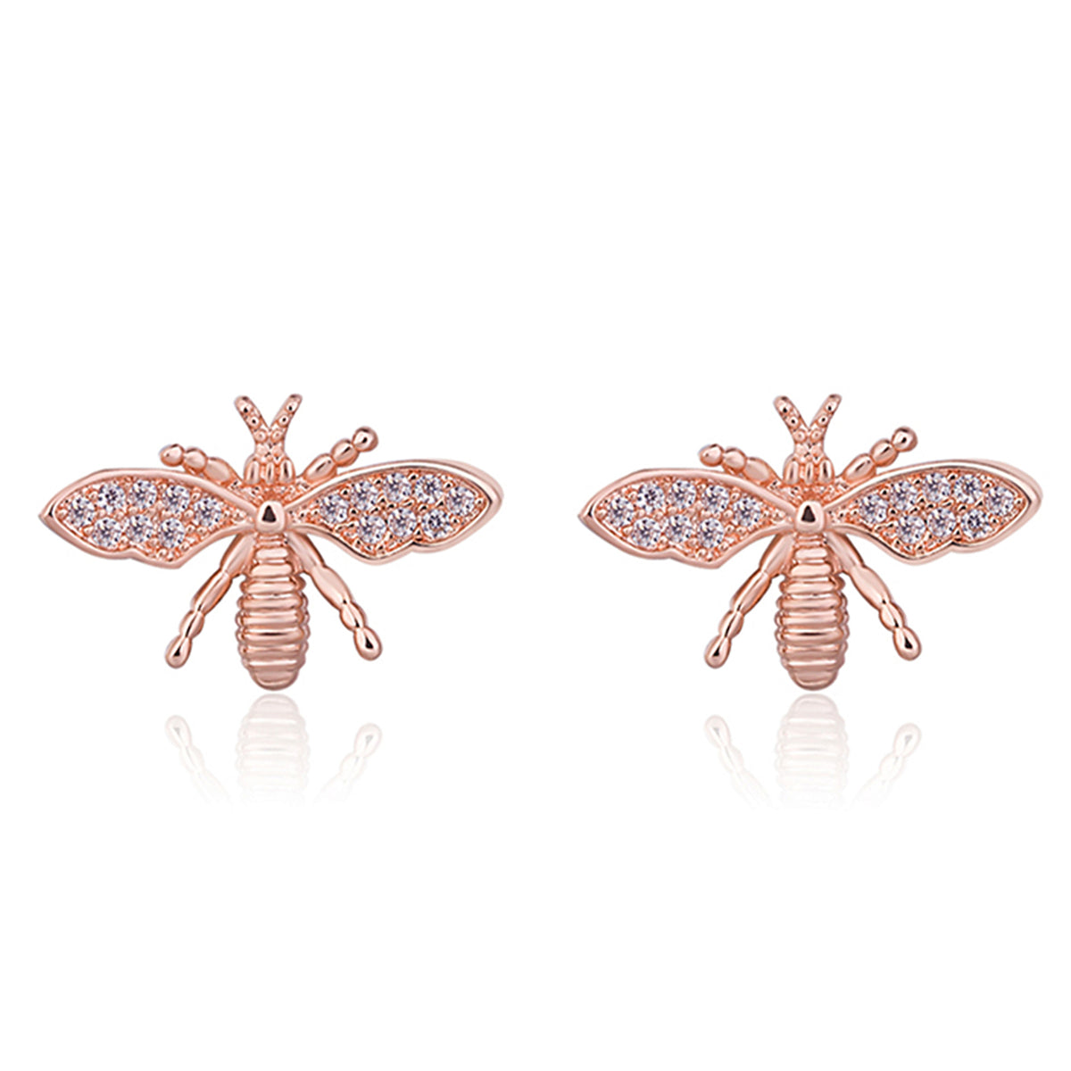 Cubic Zirconia and 18K Rose Gold-Plated Bee Stud Earring, rose gold stud earrings for women, botanical inspired, front view