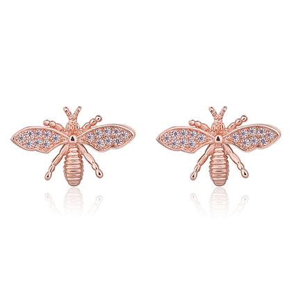 Cubic Zirconia and 18K Rose Gold-Plated Bee Stud Earring, rose gold stud earrings for women, botanical inspired, front view