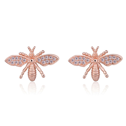 Cubic Zirconia and 18K Rose Gold-Plated Bee Stud Earring, rose gold stud earrings for women, botanical inspired, front view