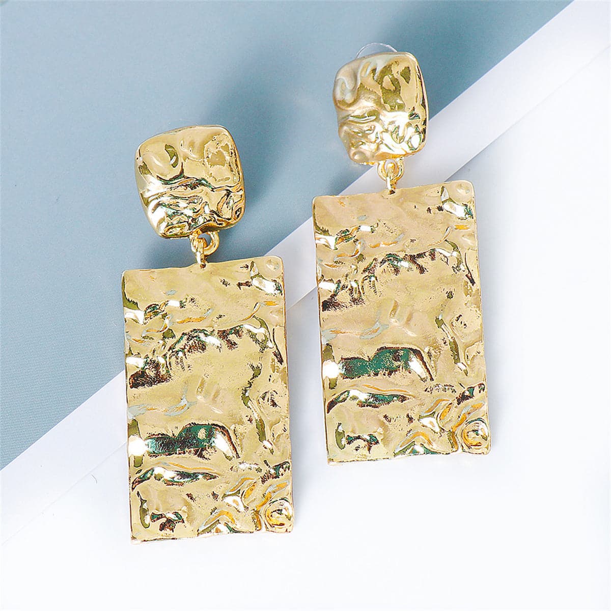 18K Gold-Plated Textured Rectangle Drop Earrings, gold drop earrings for women, elegant gift for her, front view