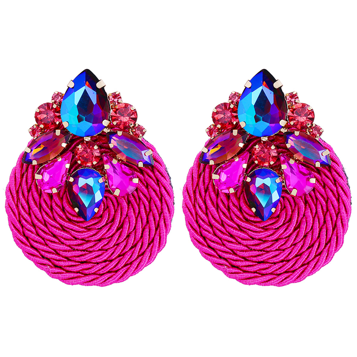 Rose Cubic Zirconia and Crystal Cluster Rope Teardrop Earrings, drop earrings for women, botanical inspired, front view