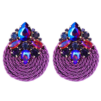 Purple and Blue Crystal Round Rope Drop Earrings, drop earrings for women, vintage-inspired design, front view