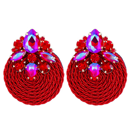 Red Cubic Zirconia and Crystal Cluster Rope Teardrop Earrings, drop earrings for women, botanical inspired, front view