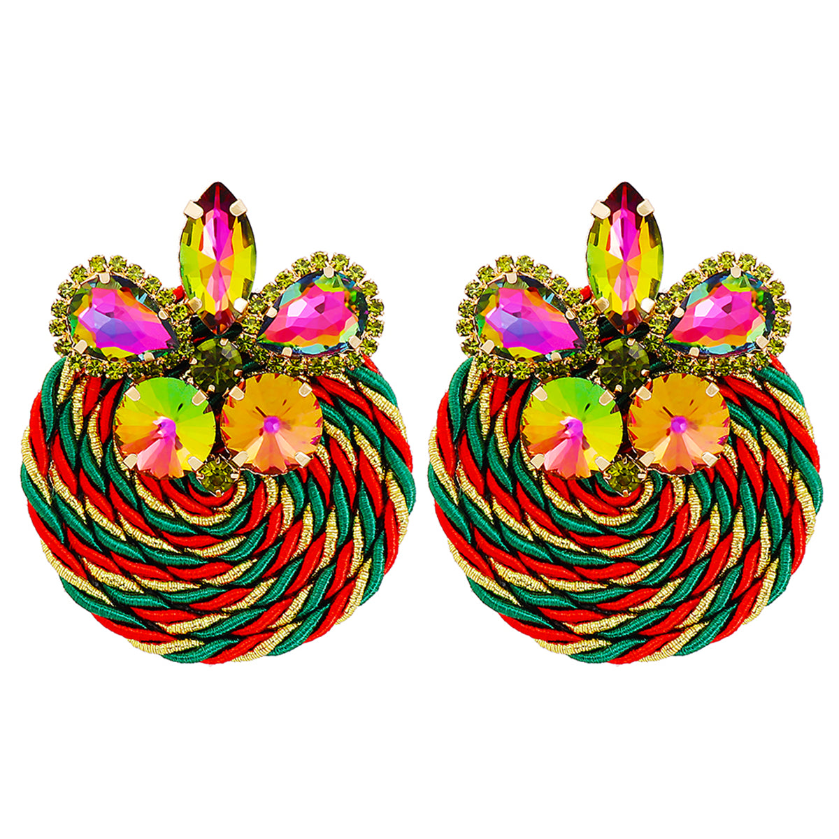 Green and Red Crystal Butterfly Round Rope Drop Earrings, drop earrings for women, everyday style, front view