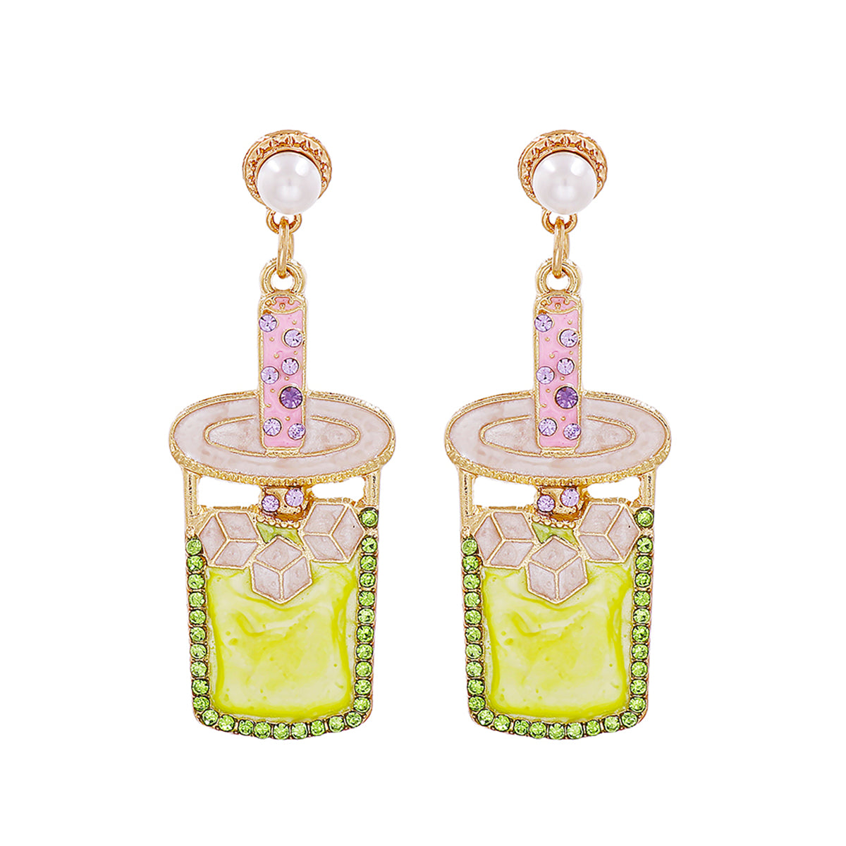 Pearl and Chartreuse Cubic Zirconia Cup Drop Earrings, drop earrings for women, vintage-inspired design, front view