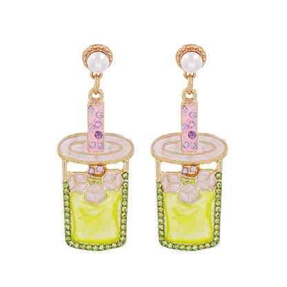 Pearl and Chartreuse Cubic Zirconia Cup Drop Earrings, drop earrings for women, vintage-inspired design, front view